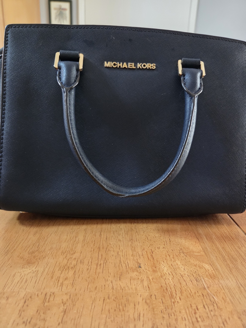 Michael Kors Navy Leather Satchel with Gold Accents